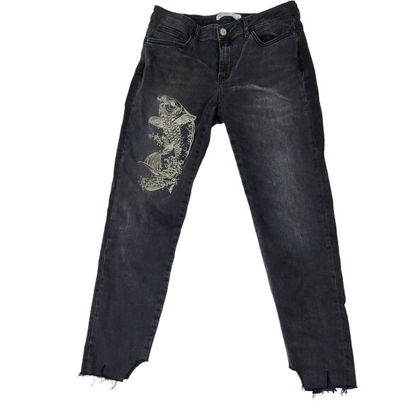 Zara Denim - Zara Jeans Womens Sz 10 Black Koi Fish Embroidery Z1975 Denim Distressed Hems